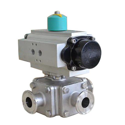 Stainless Steel Pneumatic operated 3 way Tri-Clamped sanitary Non-Retention Ball Valve