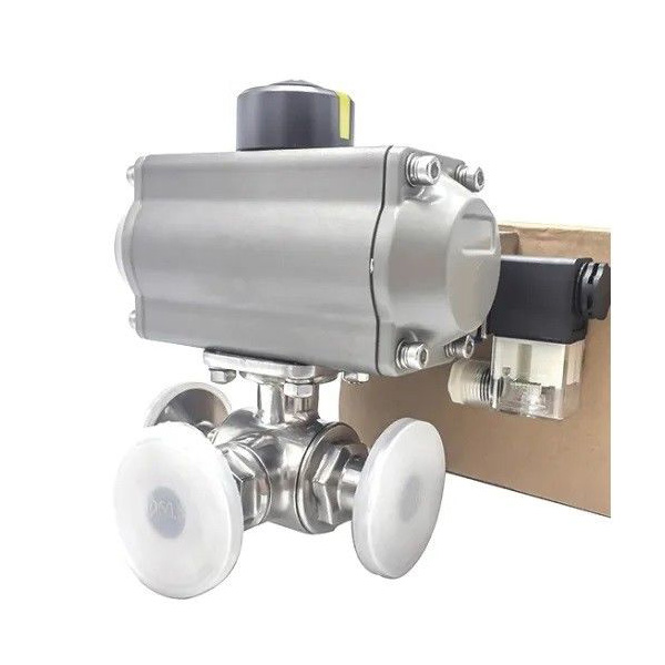 Hygienic Stainless Steel Three Way Tri Clamp Ball Valve With Pneumatic Actuator